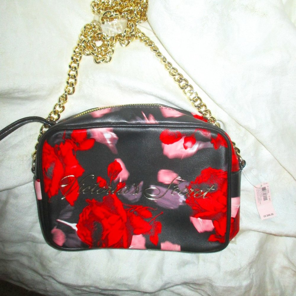 Victoria's Secret Black Red Rose Floral Cross Body Bag Purse Gold Chain NEW